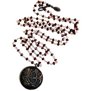 Satya Garnet gemstone pendant beaded necklace stone sterling silver 925 36"